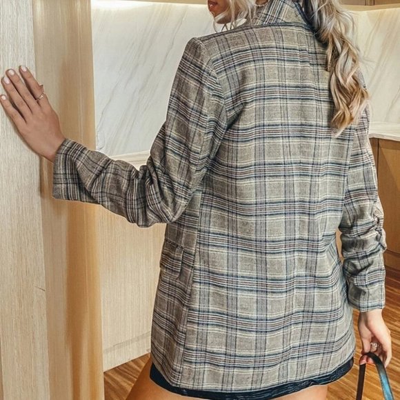 Plaid Flap Detail  Shawl Collar Blazer Jacket work office Business Chic - Picture 9 of 16